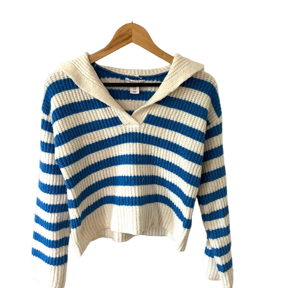 Sincerely Jules Blue and Cream Striped V-Neck Sweater